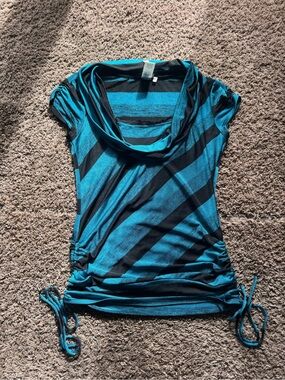 Teal and Black Striped Cowl Neck Top